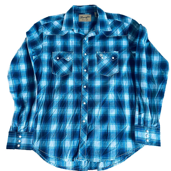 wrangler retro men’s modern fit western shirt blue long sleeve snap cotton large - Picture 1 of 11
